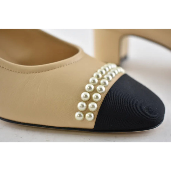 Chanel 20P Beige Lambskin Leather Black CC Pearl Sandal Low Block Heel Pump 37 - Picture 5 of 12